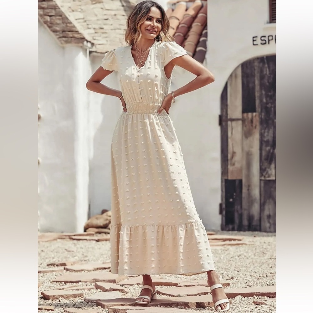 PRETTYGARDEN Women's Boho Dress Short Sleeve V Neck Swiss Dot Ruffle Tiered Maxi